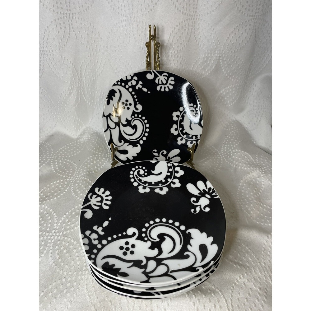 Shannon Palace Damask Noir Black On White Salad/Bread Plates Set Of 7